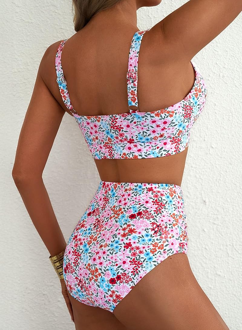 Herseas Pink Floral High Waisted Bikini Set - O Ring Front, Tummy Control