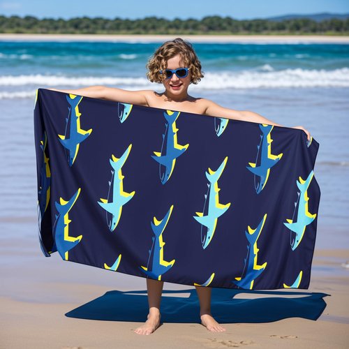 MelonBoat Large Microfiber Beach Towel: Bright Cyan Blue Shark Beach Towel for Travel, Super Absorbent Quick Dry Sand Free, Lightweight Compact for Kids Trip Vacation Bath Camping Pool Swim, 1 Pcs
