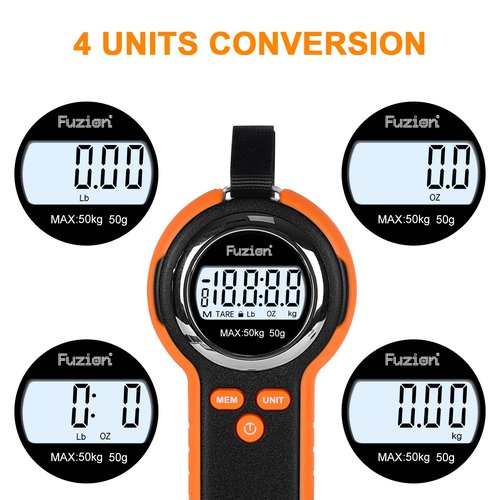 Fuzion Fish Scale, Professional Fishing Scale - 110lb Capacity, Waterproof, Night Light, Memory & Tape Measure | Portable Fish Weigh Kit w/Lip Gripper, Batteries & Pouch