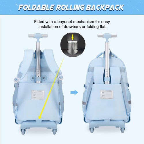 DIGOBAY Rolling Backpack for Girls, Roller School Bag with Wheels, Wheeled Backpacks with Lunch Bag Pencil case for Elementary School Bookbags with Cute Pins Blue