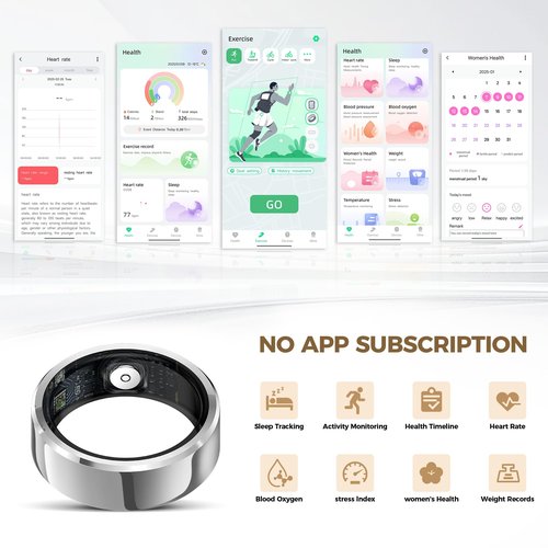 Hugrow Smart Ring for Men & Women, Wellness & Fitness Tracker with Sleep/Step/Heart Rate/Blood Oxygen/Calorie Counter, IP68 Waterproof Wearable Ring for iOS Android Silver (Silver, 8)