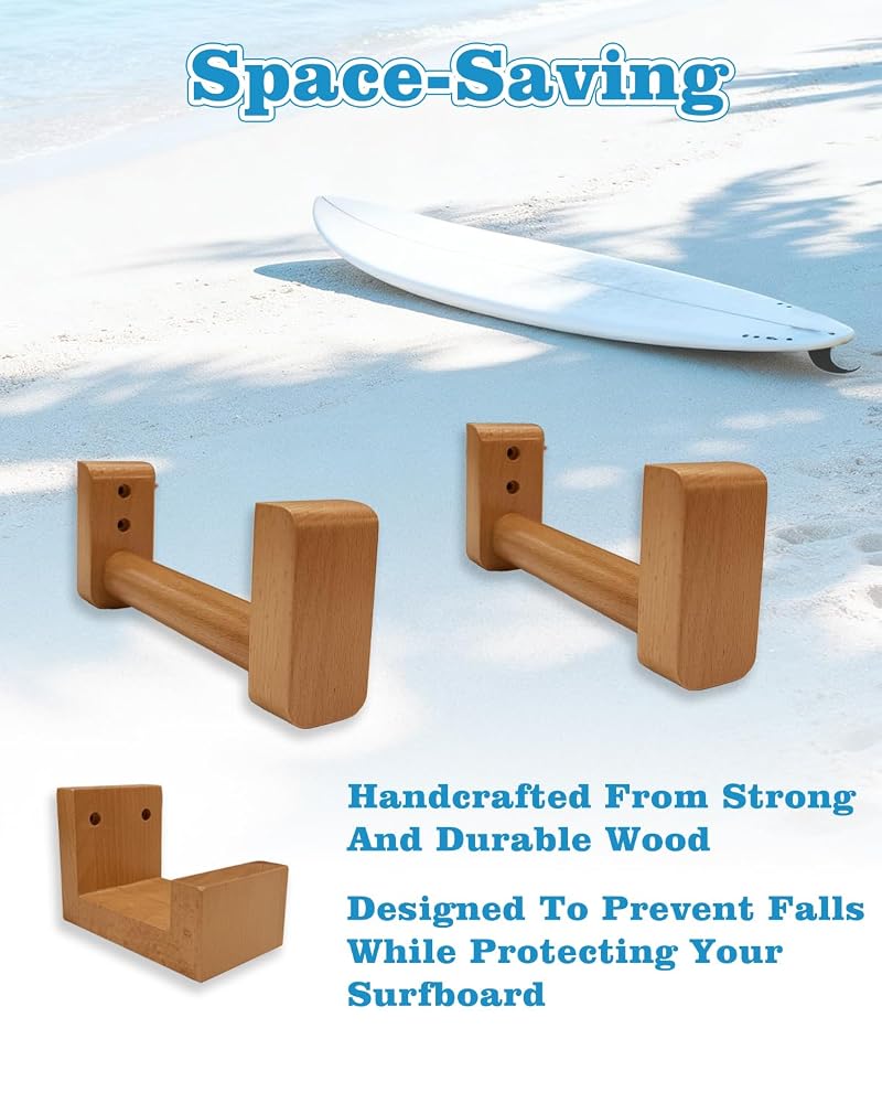 Adjustable Beech Wood Surfboard Wall Mount Rack Holds Up to 70 lbs