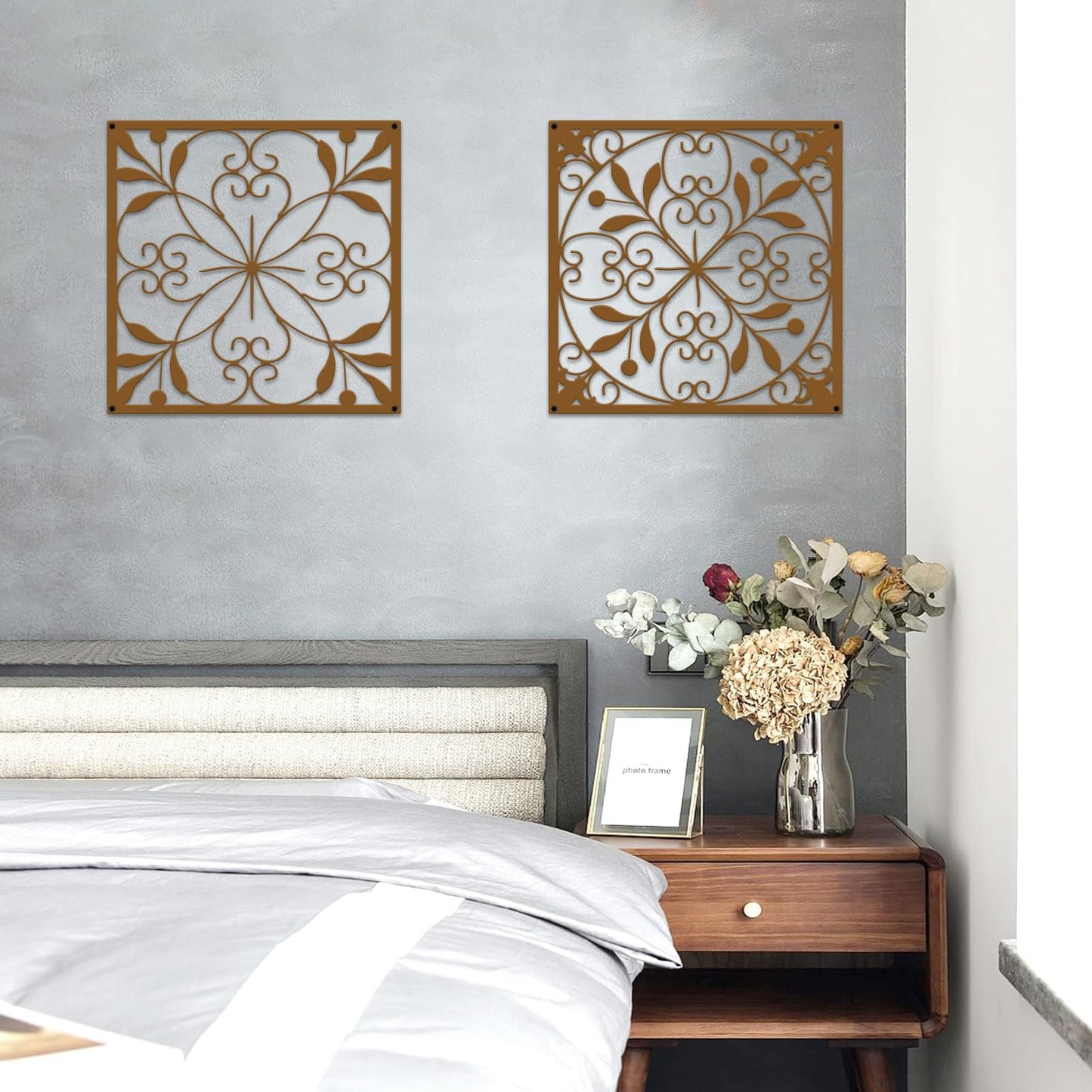 Resama 4 Pieces Rustic Wall Decor Farmhouse Wall Decor for Living Room Metal Hollow Carved Design Metal Decorative for Home Bedroom Kitchen Office (Brownish Orange,Square)