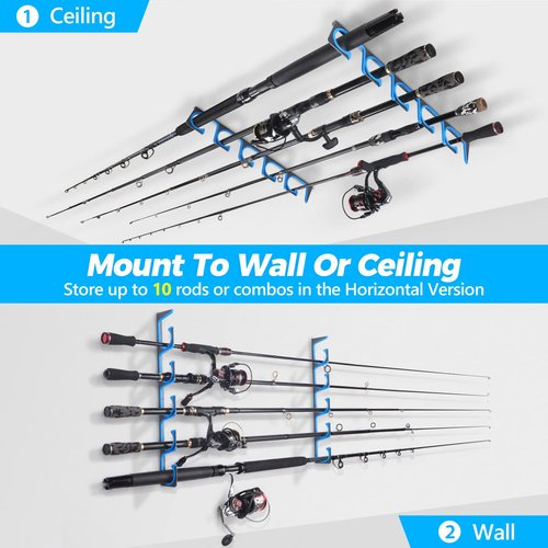 PLUSINNO H5 Horizontal Fishing Rod/Pole Holders for Garage, Wall or Ceiling Mounted Fishing Rod Rack, Aviation Aluminum Fishing Pole Holder Holds up to 10 Rod or Combos or Nets Storage Racks