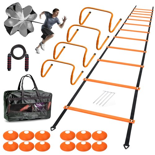 ENDIESS Agility Ladder Speed Agility Training Equipment,1 Agility Ladder 20ft,4 Hurdles,Training Soccer Cones,Jump Rope,Running Parachute, Agility Training Equipment for Kids Youth Adul (Orange)