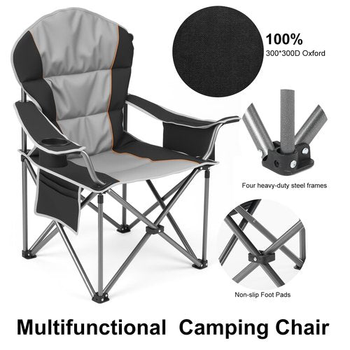 Elevon Oversized Camping Chair for Adults, Portable Folding Chair Heavy Duty, Support 500 LBS Steel Frame Padded Chair with Cup Holder Cooler Bag, Black