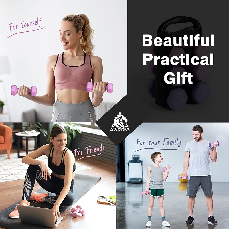 Lilac Fantasy 18lb Set of 6 Neoprene Coated Dumbbells with Rack - Anti-Slip Hex Weights