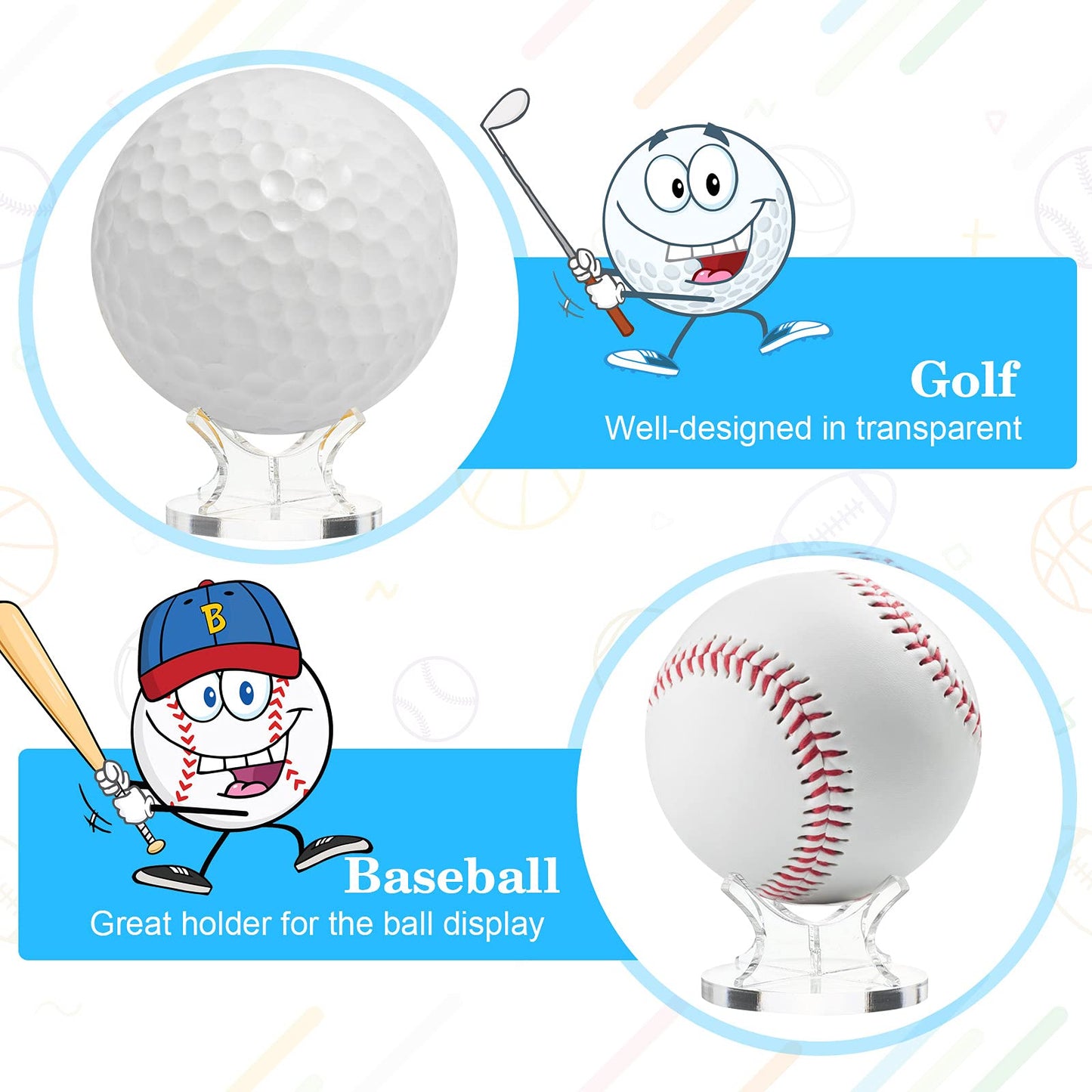 Sumind 8 Pcs Acrylic Small Ball Stand Holder Sport Ball Display Rack Baseball Display Stand with 8 Pieces Non-slip Rubber Pads for Baseball Golf Softball Tennis Spheres, Clear
