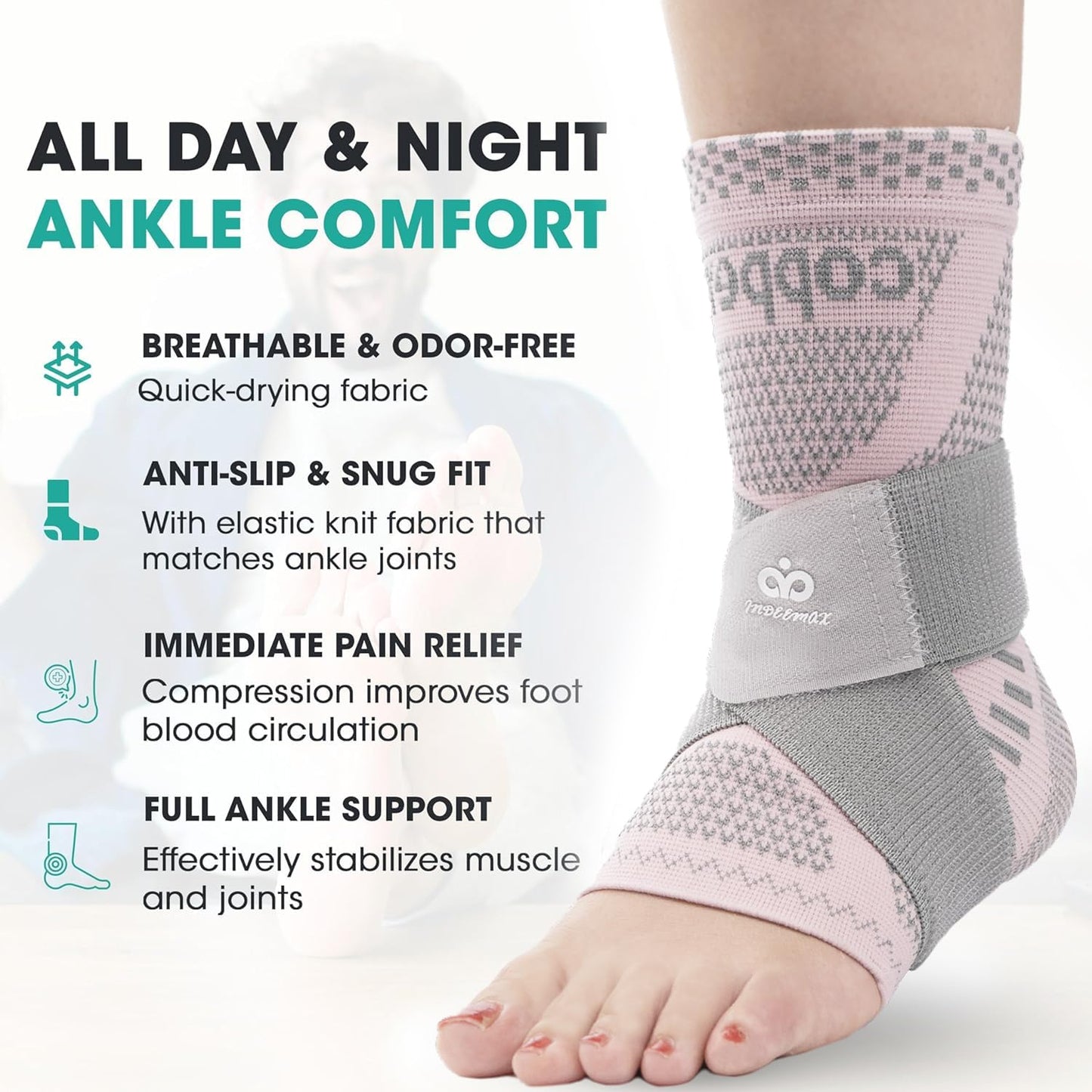 INDEEMAX Ankle Brace for Women & Men, Ankle Compression Sleeve Support Copper Infused Ankle Brace for Sprained Ankle, Plantar Fasciitis Sports, Achilles Tendonitis Pain Relief, Pink Silver, M