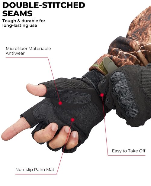 KEMIMOTO Fingerless Tactical Gloves for Men, Motorcycle Gloves for Outdoor Work Sports, Fingerless Cycling Gloves for Hunting Hiking Camping