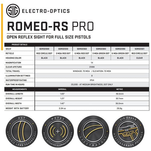 SIG SAUER Romeo-RS PRO Reinforced Steel 8 Brightness Modes Red Dot Sight with Aspherical Glass Lens | Compatible with Optic Ready P320, P226 & P229, Black Housing, 6 MOA Red Dot (SOR02060)