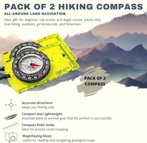 PixiPals 2pcs Orienteering Compass Hiking-Compasses boy Scout Kids- Magnetic Gear Set Navigation map- Brujulas orientacion-Backpacking Camping Hunting Survival. (2 Compasses), Green