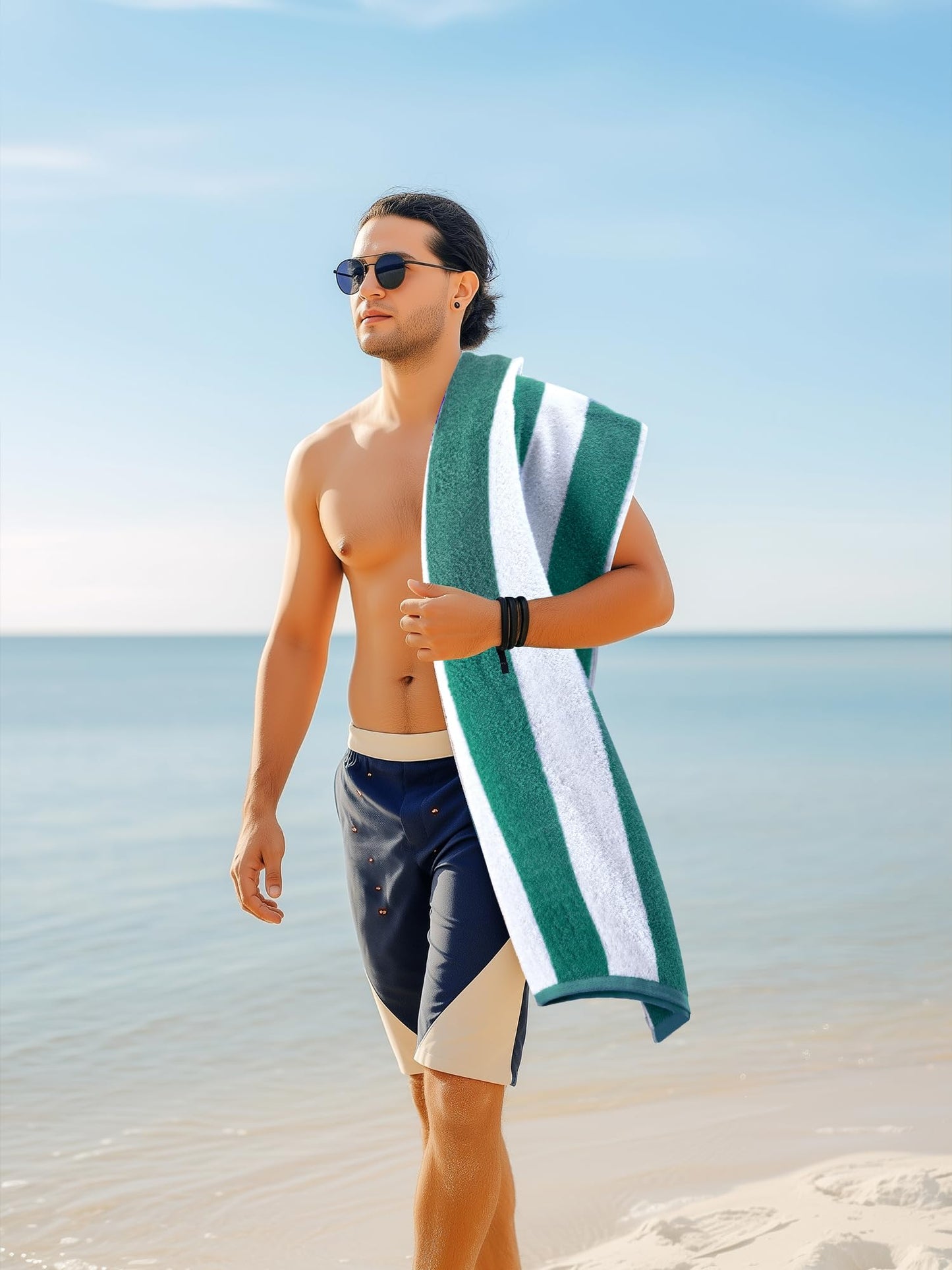 Utopia Towels Pack of 4 Cabana Beach Towels, Oversized 30 x 60 Inches Cotton Beach Towel Set, Smooth Ring Spun Texture for Pool and Swim Days, Modern Striped Design Bath Towels Green