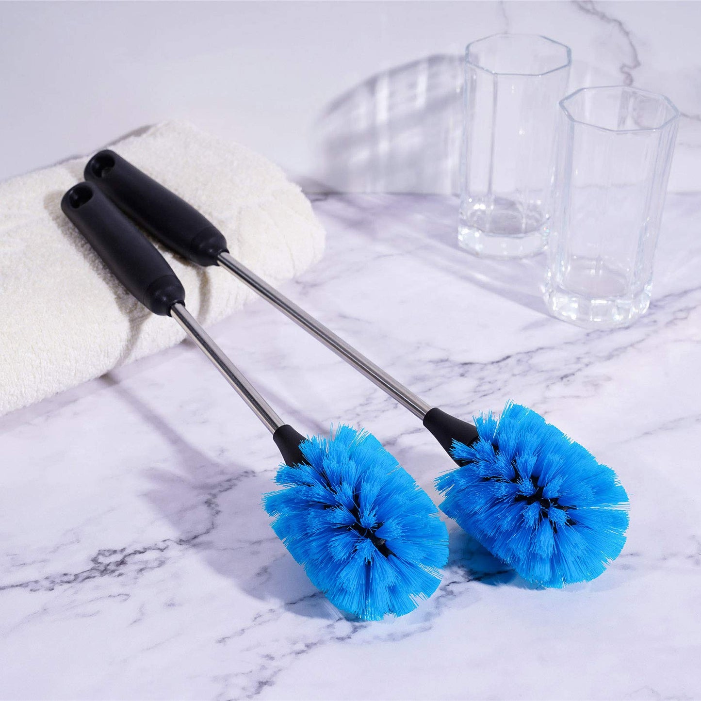 MOSOLAN Stainless Steel Bottle Brush with Replaceable Head, 2 Pack Long Handle Scrubbing Brush for Water Bottles, Glasswares, Mugs, Flasks, Tumblers, Vases, and Kitchen Sink, Blue, 13 in
