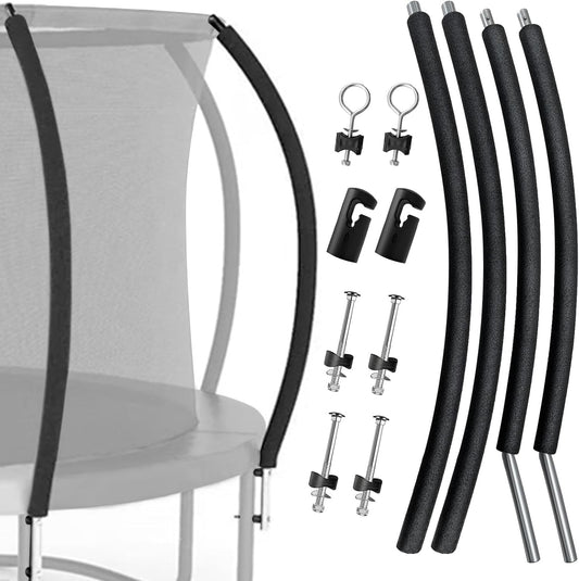 2 Sets Universal Trampoline Replacement Curved Net Pole, Curved Poles Kit for 10-16ft Frame, with Plastic Tube Cap, Mounting Hardware, Foam Cover Padding