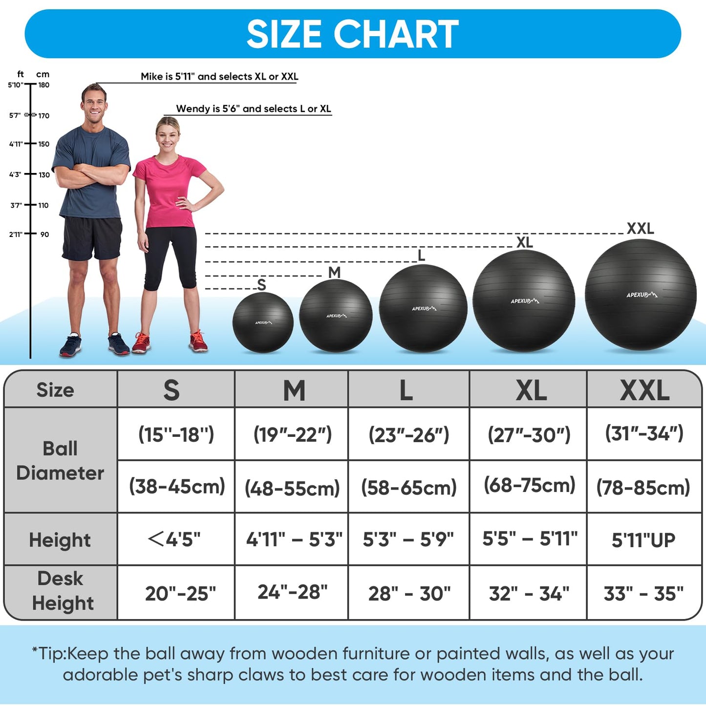 APEXUP Yoga Ball, 660 lbs Anti-Burst Exercise Ball with Pump, 5 Sizes (M (19"~22'') 55cm, Black)
