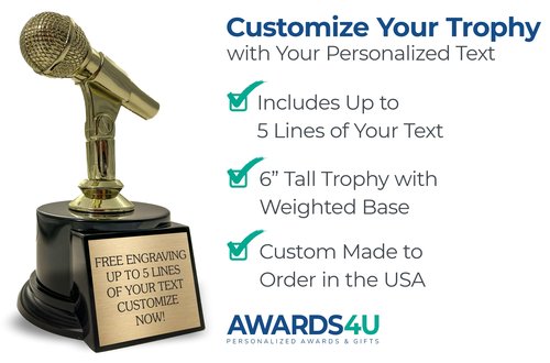 Microphone Trophy Award Personalized - 6” Karaoke Mic Award with Custom Engraving - Golden Singer Trophy for Contest & Music Party Trophy on Black Base - Customized Awards with Your Text