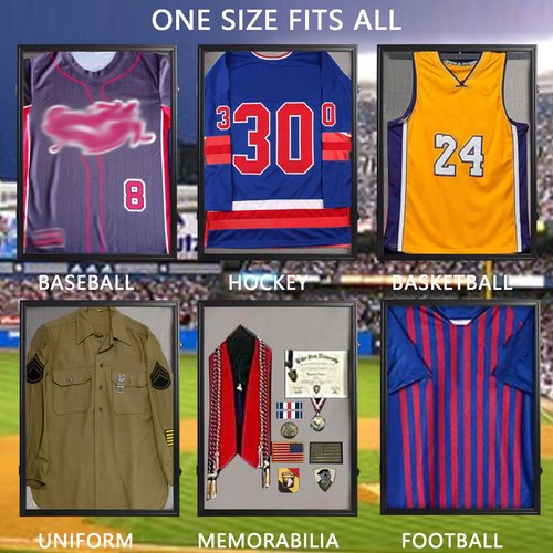 PKHROR Jersey Frame Display Case Large Lockable Sports Jersey Frame Shadow Box with Uv Protected Acrylic and Hanger for Baseball Basketball Football Soccer Hockey Sport Shirt Linen Black