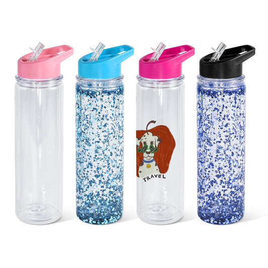 18oz 4 Pack Double Wall Clear Water Bottle Bulk Plastic Snow Globe Tumbler with Handle Lid, Acrylic Pre-Drilled Hole with Stopper Sippy Snow Globe Kid Water Bottle for Scool Sport DIY Gift