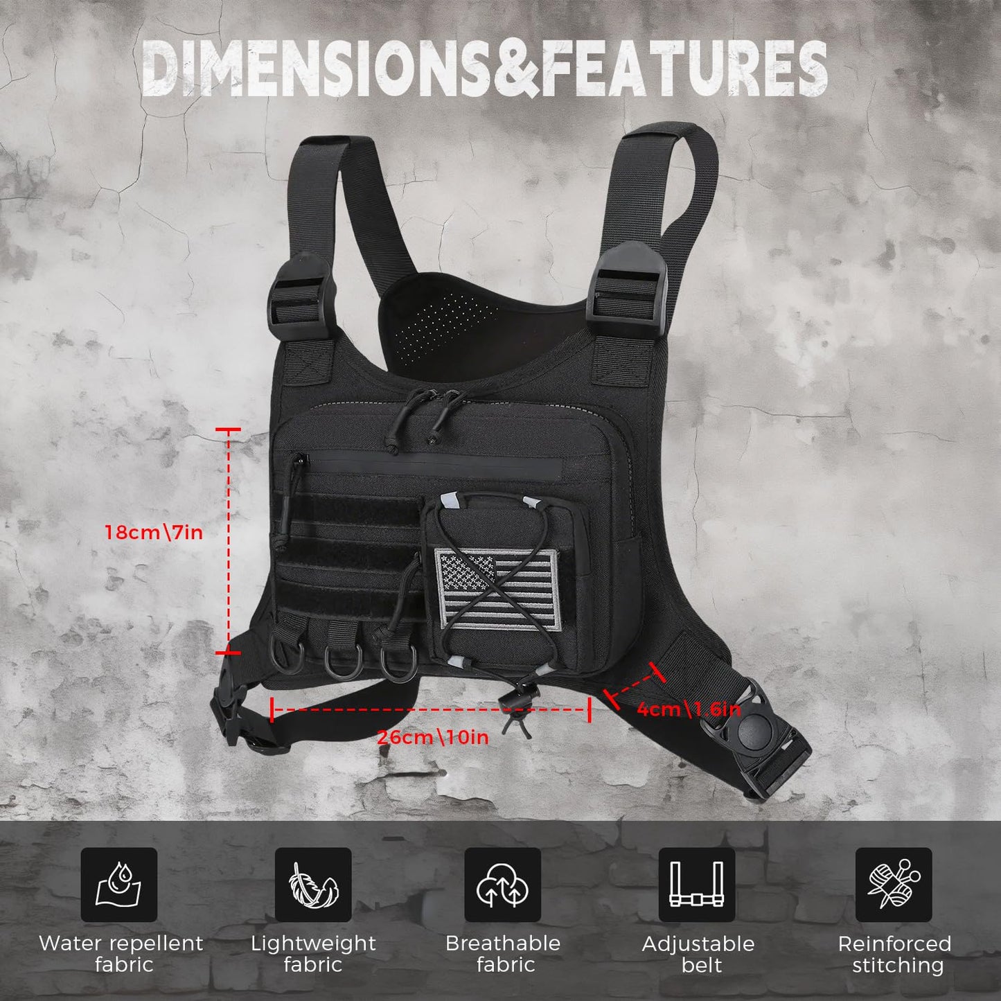 koculemi Outdoor Sports Chest Bag for Men, Concealed Chest Vest Holster Fits Most Pistols, Adjustable Anti-Theft EDC Travel Chest Pack for Running, Hiking, Motorcycle Ride, Workouts (Black)