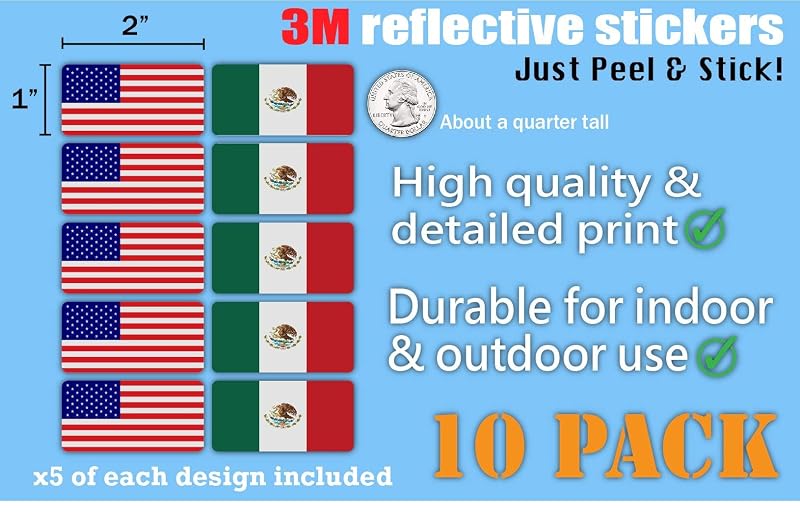 (x10) 3M Reflective USA & Mexico Flag Stickers for Hard Hats, Laptops, Tools