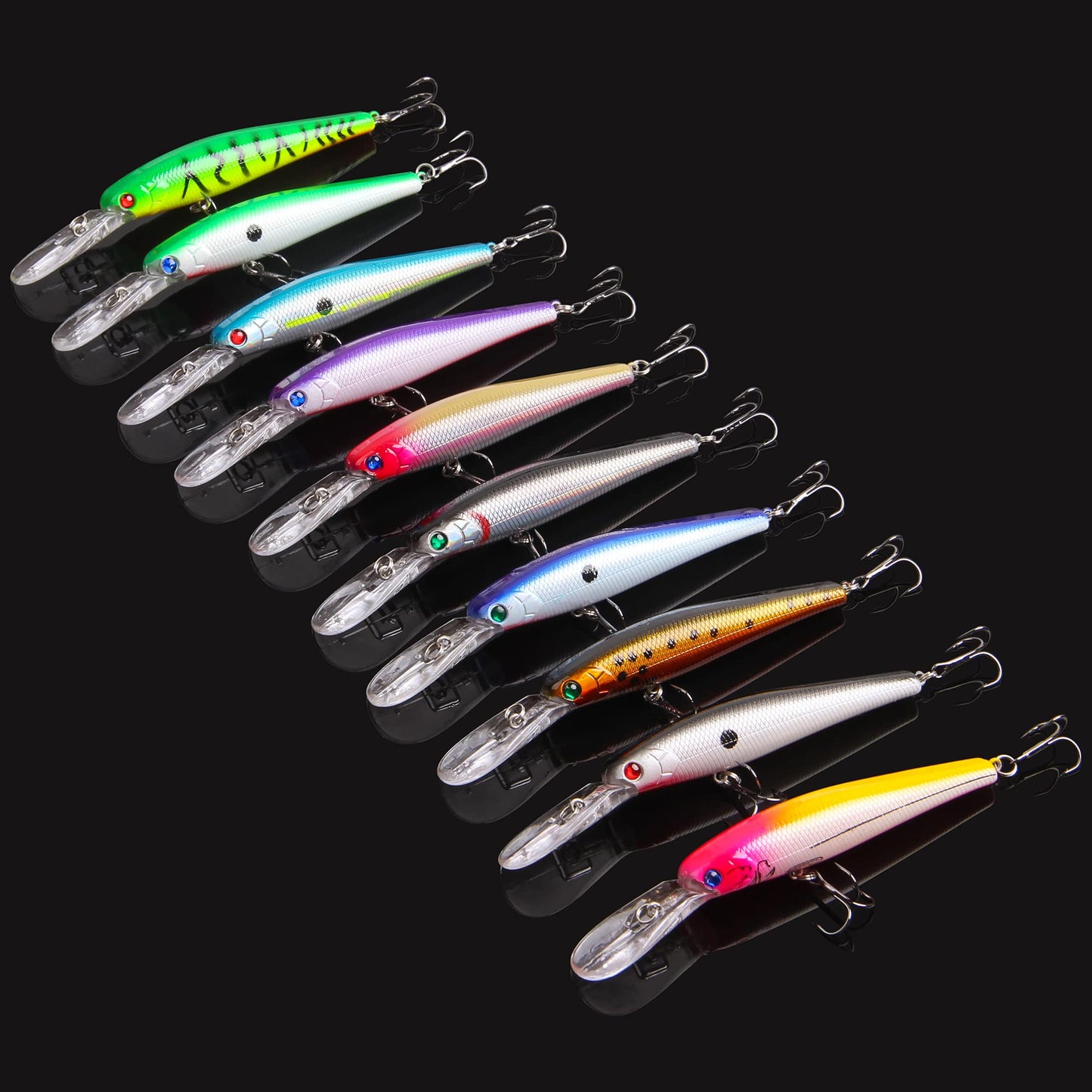 Crankbait Minnow Fishing Lures,10pcs Plug Lure with Treble Hooks Hard Baits Swimbaits 3D Fishing Eyes Life-Like Bass Crank Bait for Trout Bass Perch Fishing 5.07inch