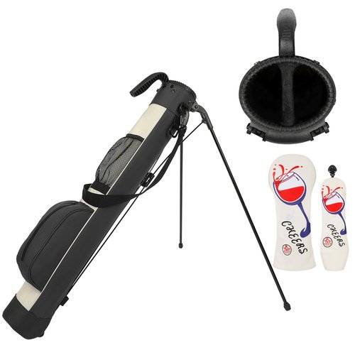 Golf Stand Bag Lightweight Small Golf Bag with Dual Strap Easy Carry 2 Way Dividers Multiple Pockets Golf Gun Bag with 2 Golf Wood Head Covers (Black)
