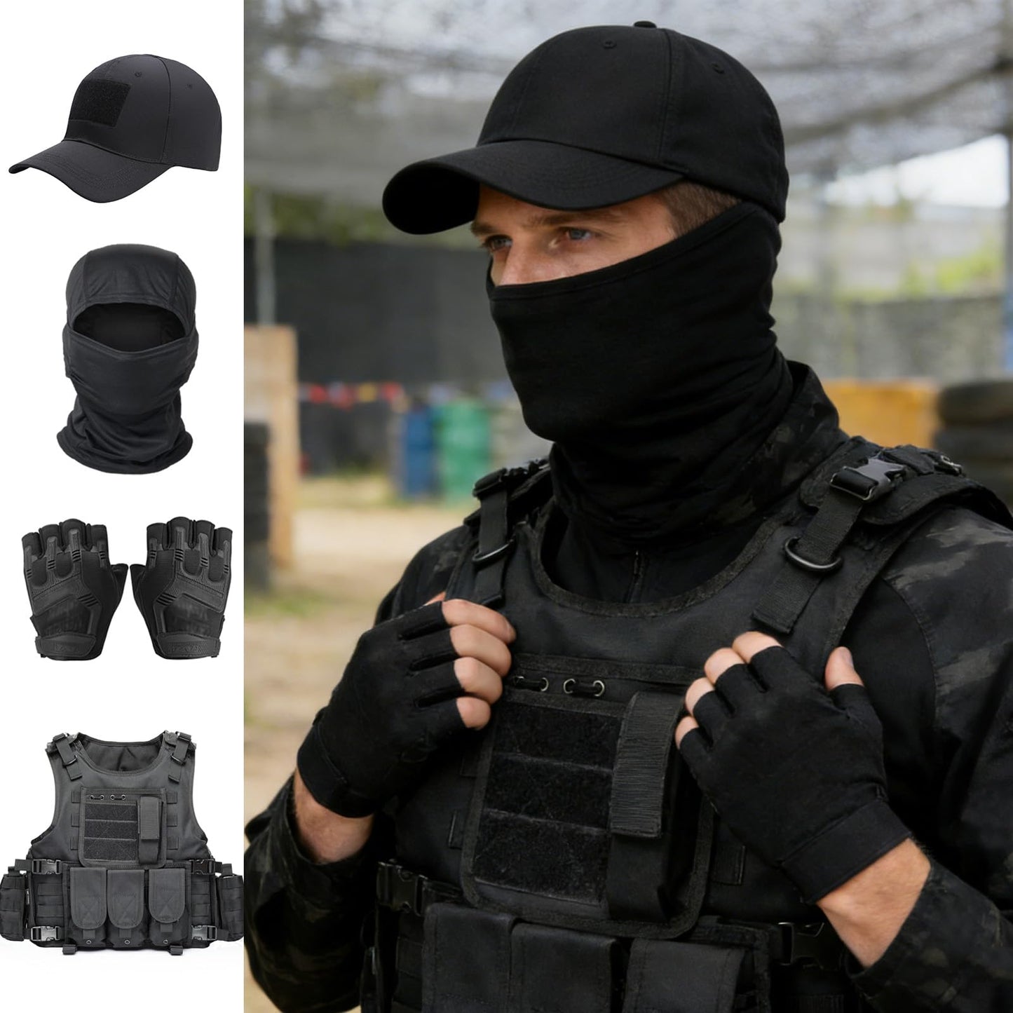 VPZenar Tactical Airsoft Vest, Black Lightweight Sports Training Plate Vest with Detachable Pouches and Cap,Gloves,Balaclava for Men, Tactical Airsoft Gear