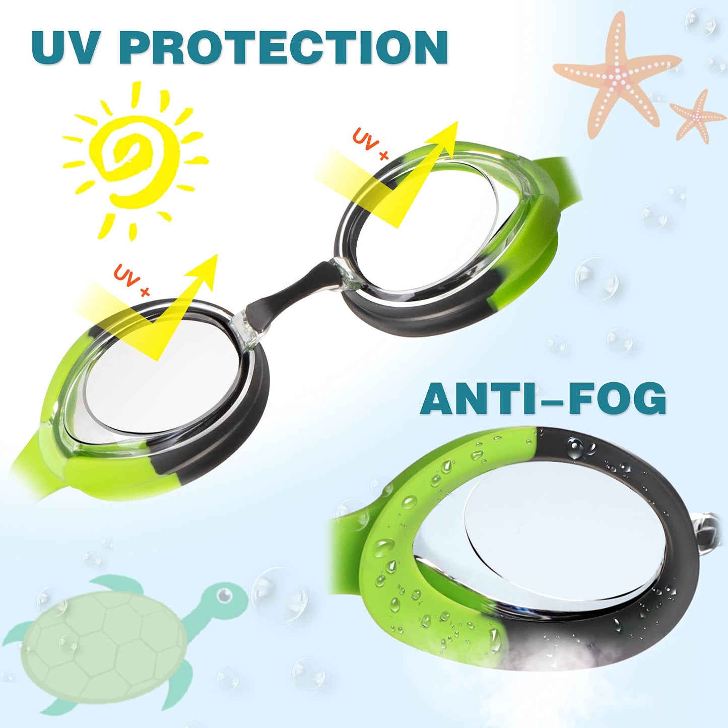 Keary Kids Swim Goggles for Toddler Children Girls Boys Youth, Anti-Fog Waterproof UV Protection Crystal Clear Vision Flat Lens Water Pool Goggles with 3 Nose Pieces