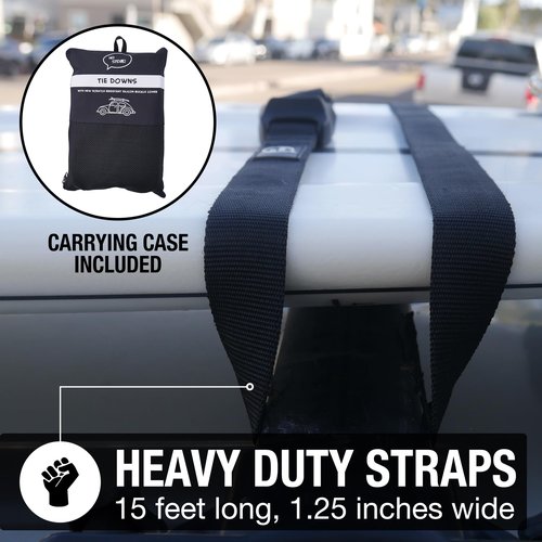 Ho Stevie! Surfboard Tie Down Straps (Pair) for Roof Rack Crossbars - Easy to Use - 'No Scratch' Silicone Buckle Covers Prevent Damage