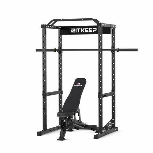 RitKeep RMAX 2250 Multi-Functional Power Rack - 1200lb Capacity Squat Rack for Home Gym with Multi-Grip Pull-Up Bar, J-Hooks, and Safety Bars(Black with Black Bench(black barbell), 1000LB barbell)