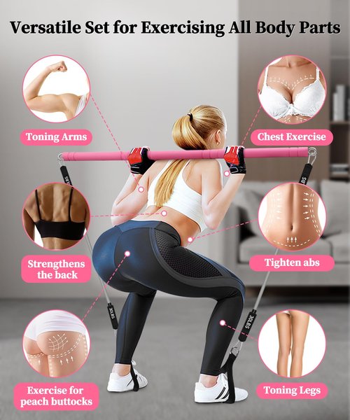 Multifunctional Portable Stackable Pilates Bar Kit with Resistance Bands, Door Anchor for Resistance Bands-Home Gym Equipment with Handles - Pilates Flexbands Supports Full-Body Workouts for Yoga Pink