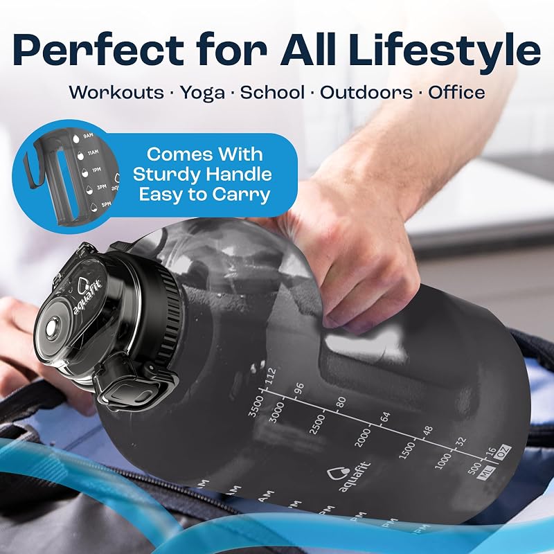 AQUAFIT 1 Gallon Water Bottle with Time Marker + 2-in-1 Lid, Gray 128 oz