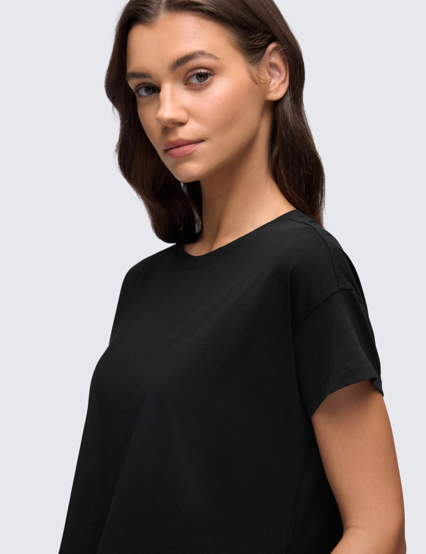 CRZ YOGA Pima Cotton Relaxed Crop T-Shirts for Women - Workout Athletic Gym Casual Short Sleeve Shirts Loose Crewneck Tops Black Medium