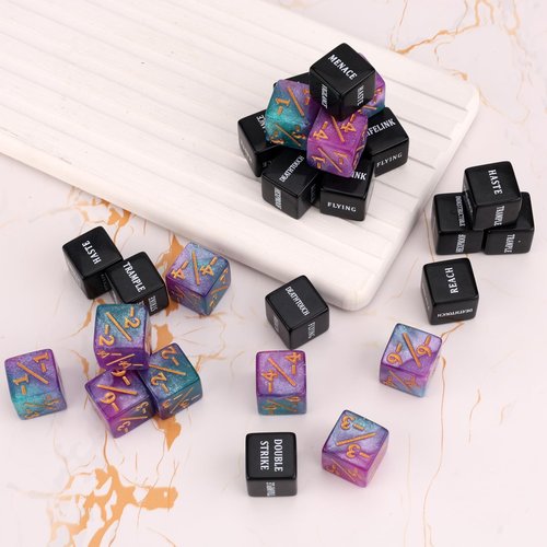 48pcs Abilities Keywords Counter Dice, Acrylic Creature Stats Buff Loyalty Dice Tokens Set Magic Life Counters for MTG TCG Card Gaming Accessories with Velvet Bag, Gathering Party Table Games