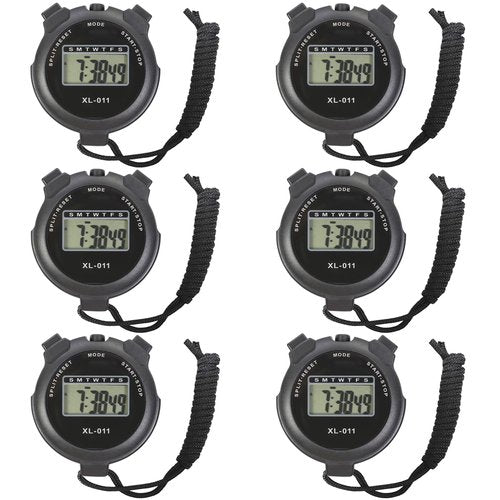 6-Pack Multi-Function Electronic Digital Sport Stopwatch Timer, Large Display with Date Time and Alarm Function, Sports Coaches Fitness Coaches and Referees Black