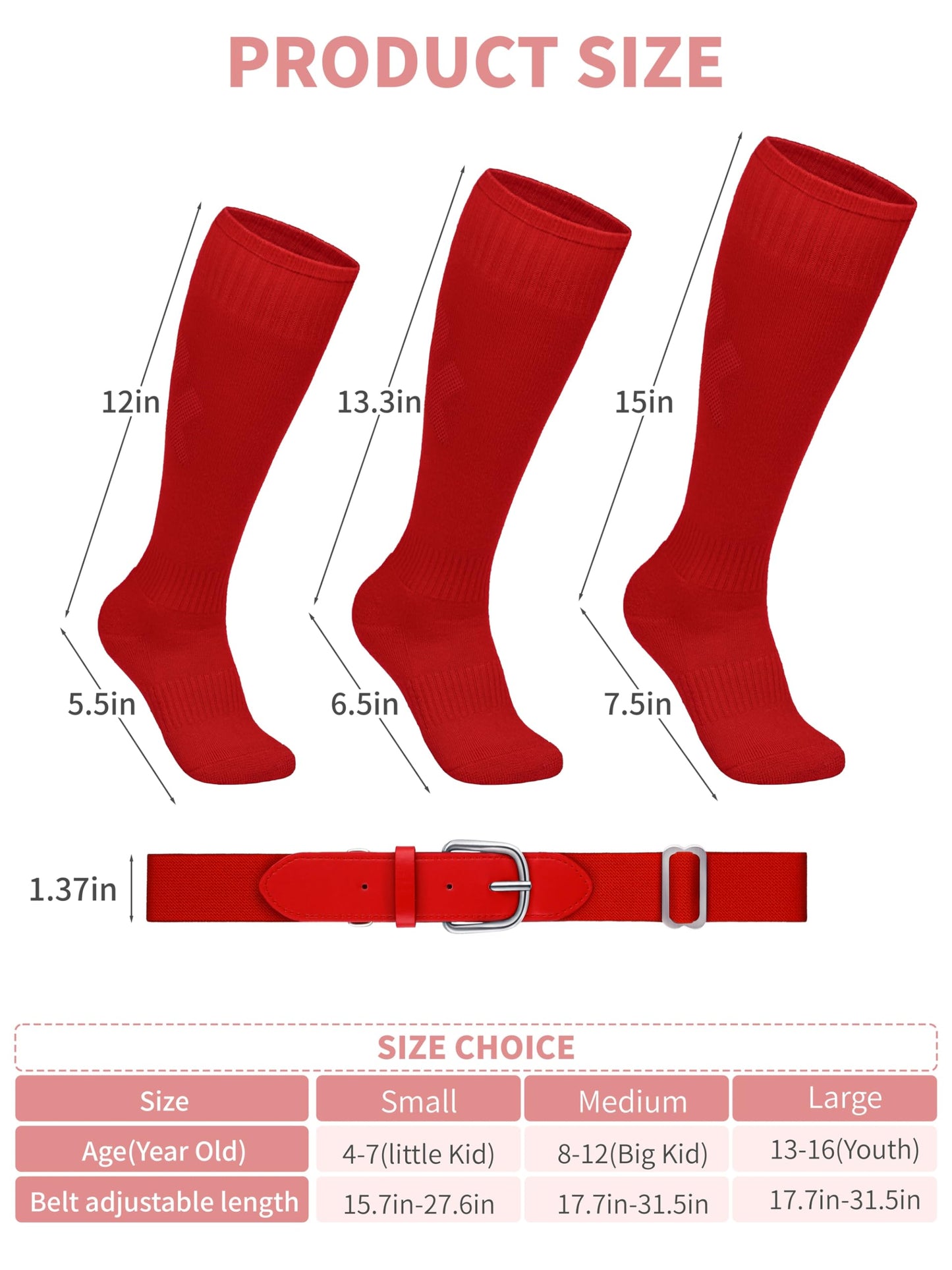 Gnidio 2 Pairs Baseball Socks and Belt Cotton Adjustable Youth Baseball Softball Socks Belt for Boys Girls