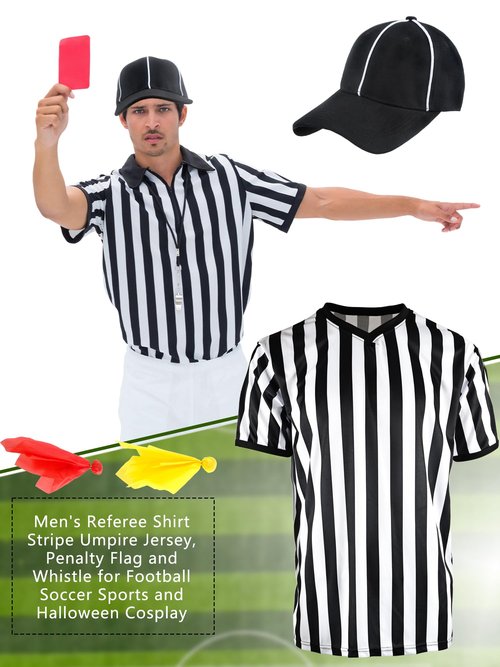 4 Pcs Men's Official Referee Shirt Football Umpire Jersey V-Neck Referee Uniform Stainless Steel Whistle for Football Basketball Soccer Games, 2 Styles (L(175-180cm))