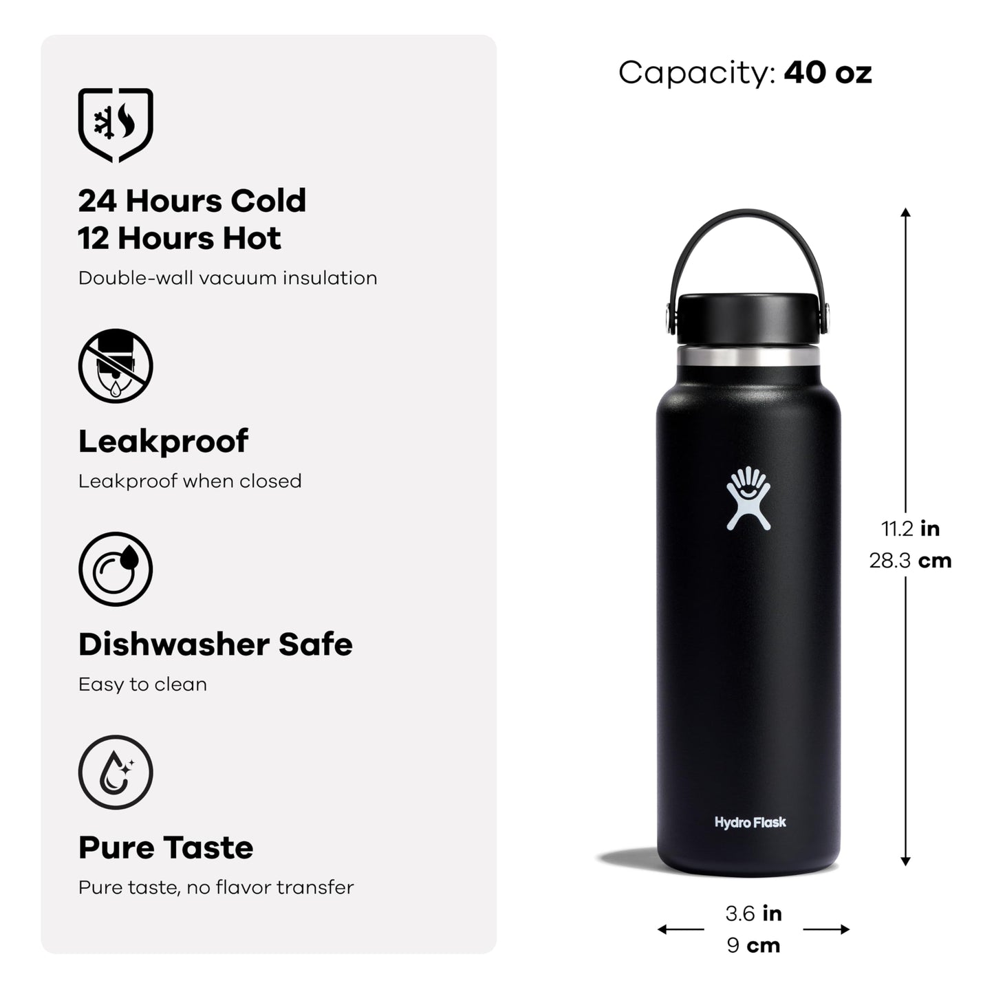Hydro Flask Water Bottle - Insulated Stainless Steel - Wide Mouth Flex Lid, Non Spill, Leakproof and Refillable in 40 Oz Sandpiper
