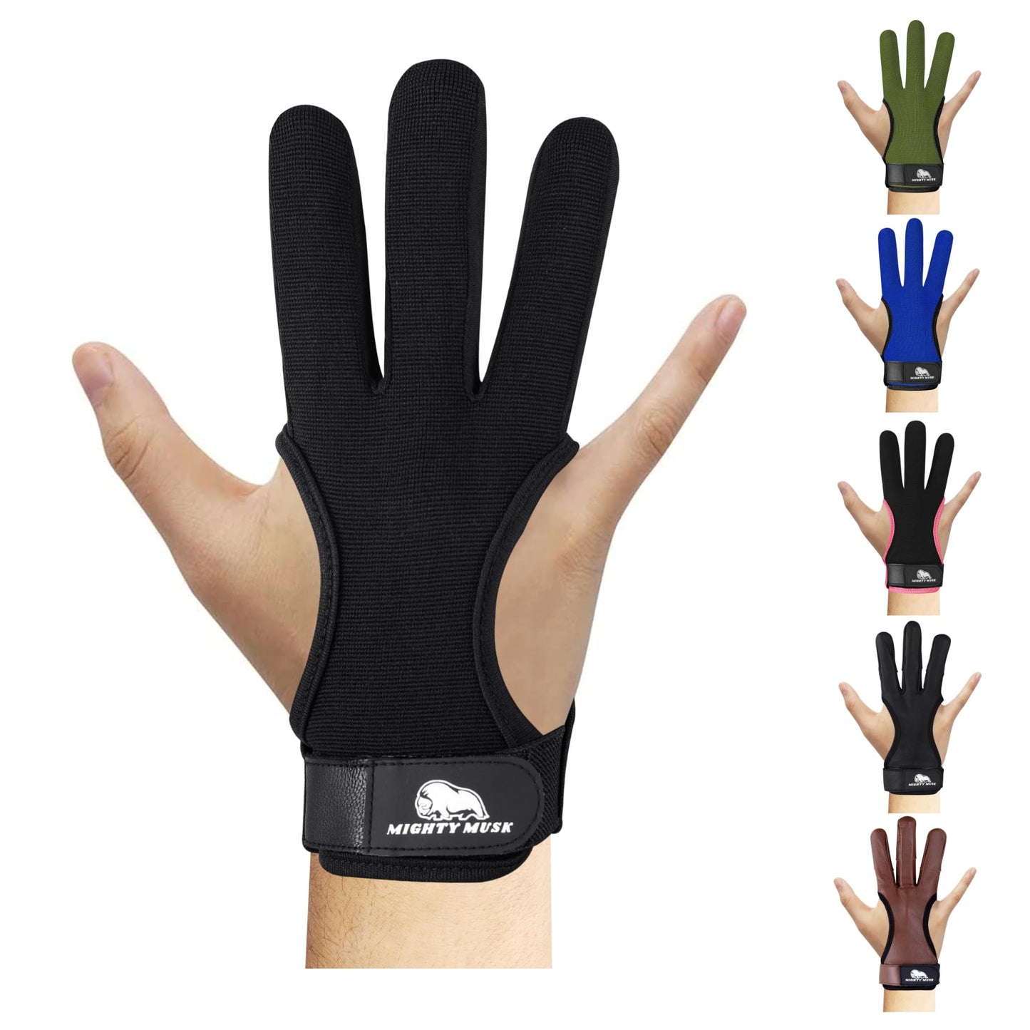 Mighty Musk Archery Glove Genuine Leather 3 Finger Protector for Recurve Bow Durable Shooting Gloves for Adult Archers (Black 4-Way Stretch Fabric, Medium)