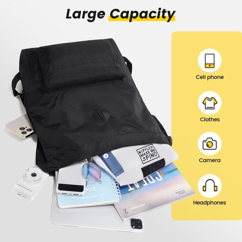 Vorspack Drawstring Backpack Water Resistant String Bag Cinch Bag Sports Gym Sack with Side Pocket for Men Women - Black