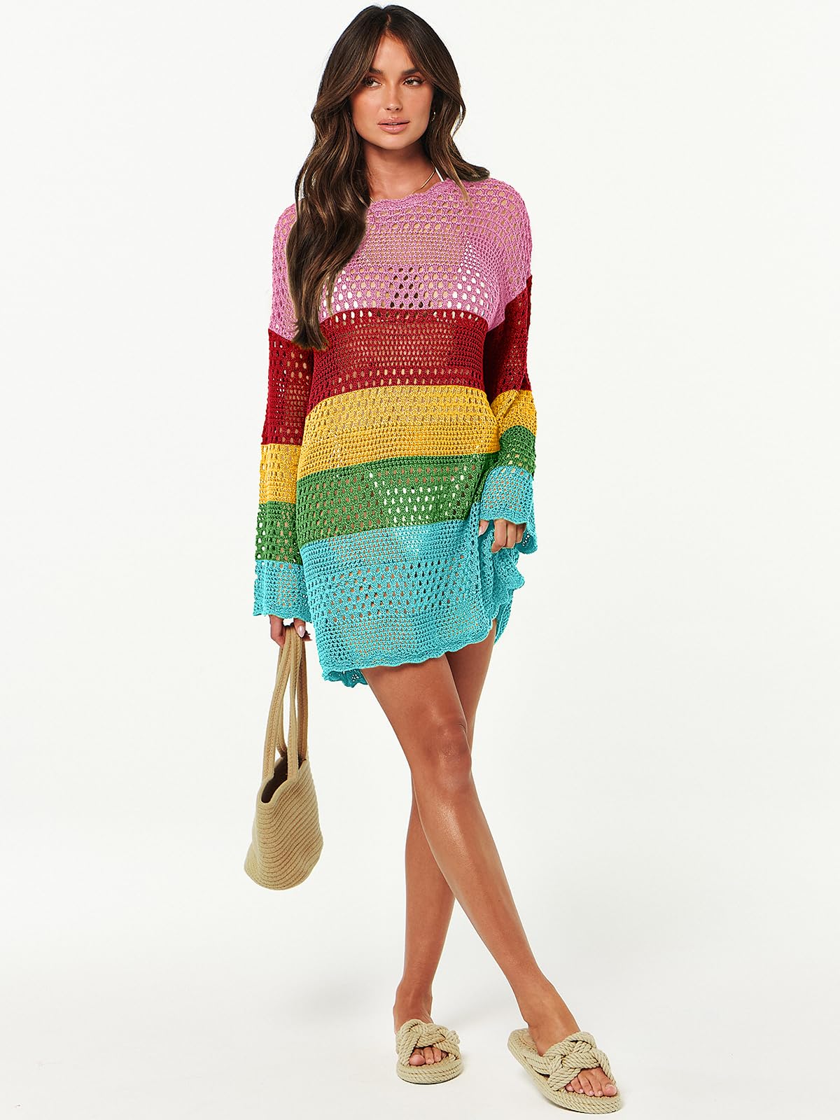 ANRABESS Women Swimsuit Crochet Swim Cover Up 2026 Summer Bathing Suit Swimwear Mesh Knit Beach Dress Vacation Outfits Rainbow Stripe X-Large