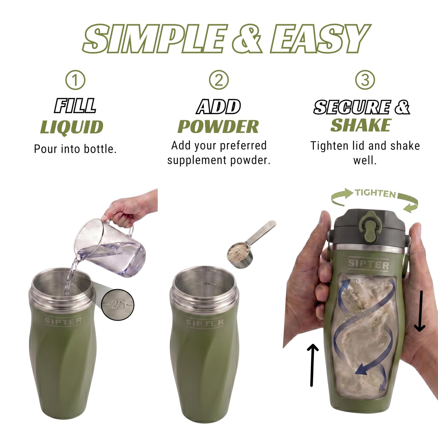 Sipter Best Shaker Bottle for Protein Mixes – Double Wall Stainless Steel, For Shakes, Water, Smoothies, Cocktails Leak-Proof, 26oz, Copper-Insulated Blender Cup, BPA-Free No Mixing Tools (iron sage)