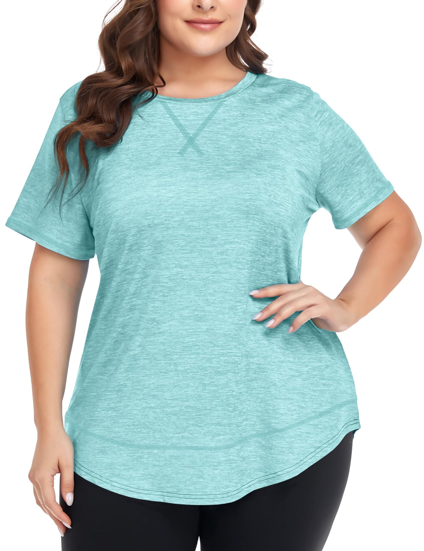 COOTRY Plus Size Workout Tops for Women Short Sleeve Loose fit Shirts Athletic Gym Yoga Clothing Light Blue 5XL