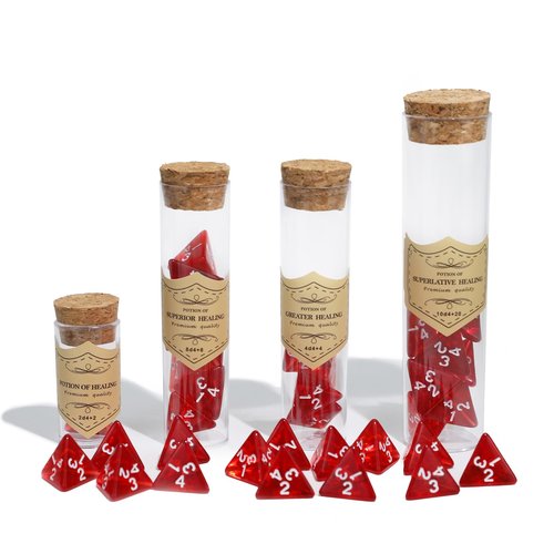 FourDragons 24 Pcs Red D4 Dice with 4 Pcs Healing Potion Bottle, Roleplaying D4 Polyhedral Dice Set Compatible with Dungeons and Dragons D&D RPG MTG Table Games
