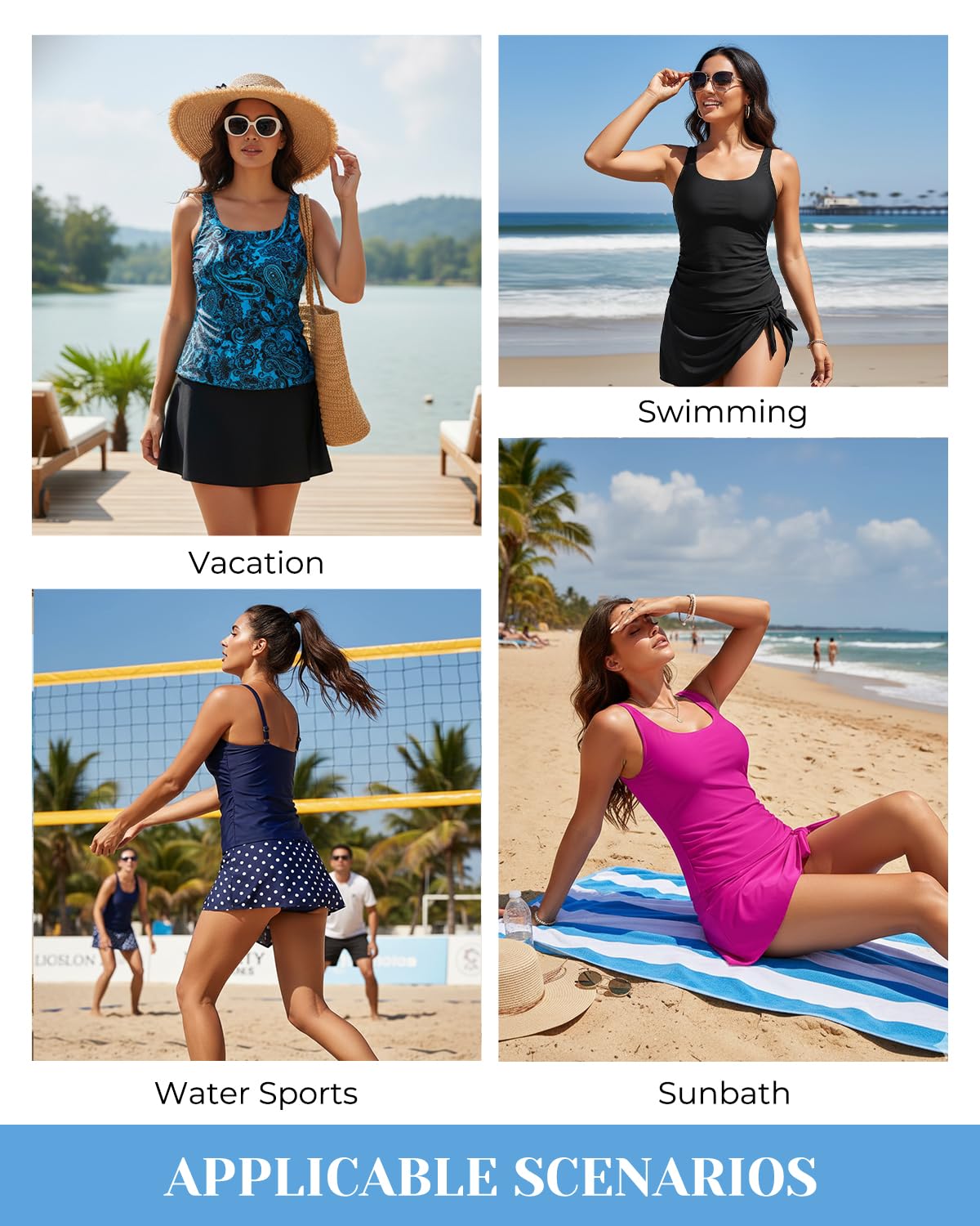 Aqua Eve Women Tankini with Skirt - Tummy Control Swimsuit Two Piece Bathing Suit Ruffle Swimwear Ladies Swim Suit Blue Paisley Tie Knot L