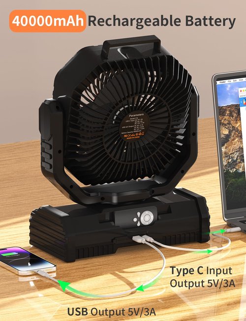 EEIFO 12 Inch Camping Fan,40000mAh Portable Fan with LED Lantern Light,Cool white & Warm White Dimmable Fans, Oscillating Fan with 360° Rotation Hanging Hook for Tents, Cordless USB Desk Fan(Black)