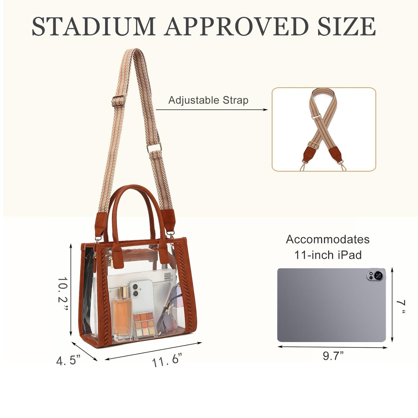 FAIME Clear Tote Bag Stadium Approved, Clear Crossbody Purse Transparent Woven Handbag for Concert, Beach & Stadium event (Brown)