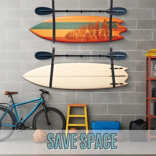Seenelling 4 Pcs Kayak Straps for Wall Hanging Kayak Hoist Sling Hanger Straps with Carabiner for Indoor Outdoor Surfboard Paddle Canoe Sup Board in Garage Beach Storage Accessories (Black)