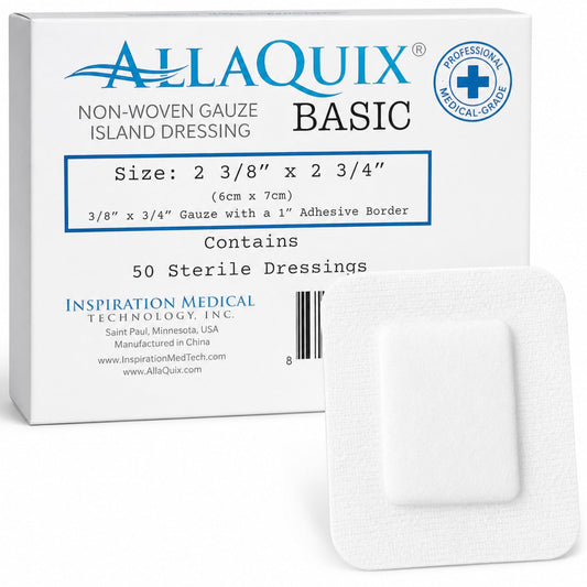 AllaQuix Basic Sterile Gauze Island Dressing 4"x8" Adhesive Border Pads (25 Count) – Non-Stick Wound Dressing for Surgical Aftercare, Incisions, Large Cuts, First Aid, and Light Draining Wounds